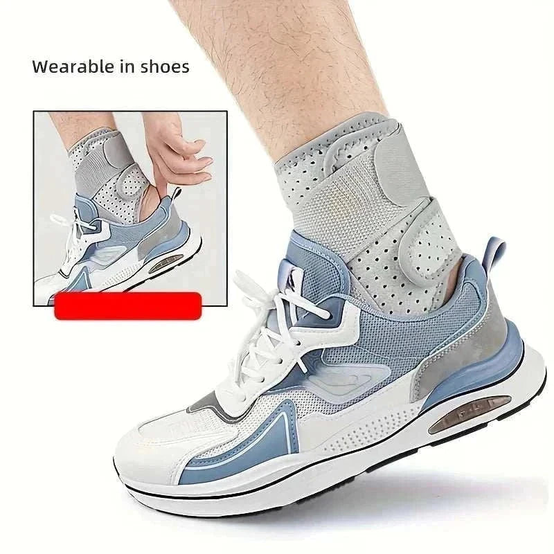 Ankle brace for sprained ankle worn inside sneaker showing breathable design and adjustable straps