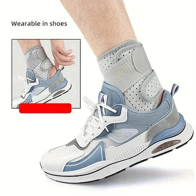 Ankle brace for sprained ankle worn inside sneaker showing breathable design and adjustable straps
