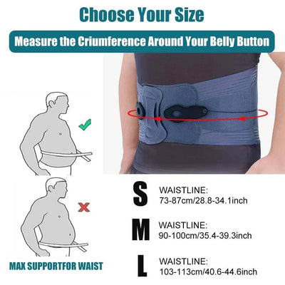 Adjustable back brace lumbar wrapped around waist showing size measurement guide with waistline dimensions for S, M, L sizes