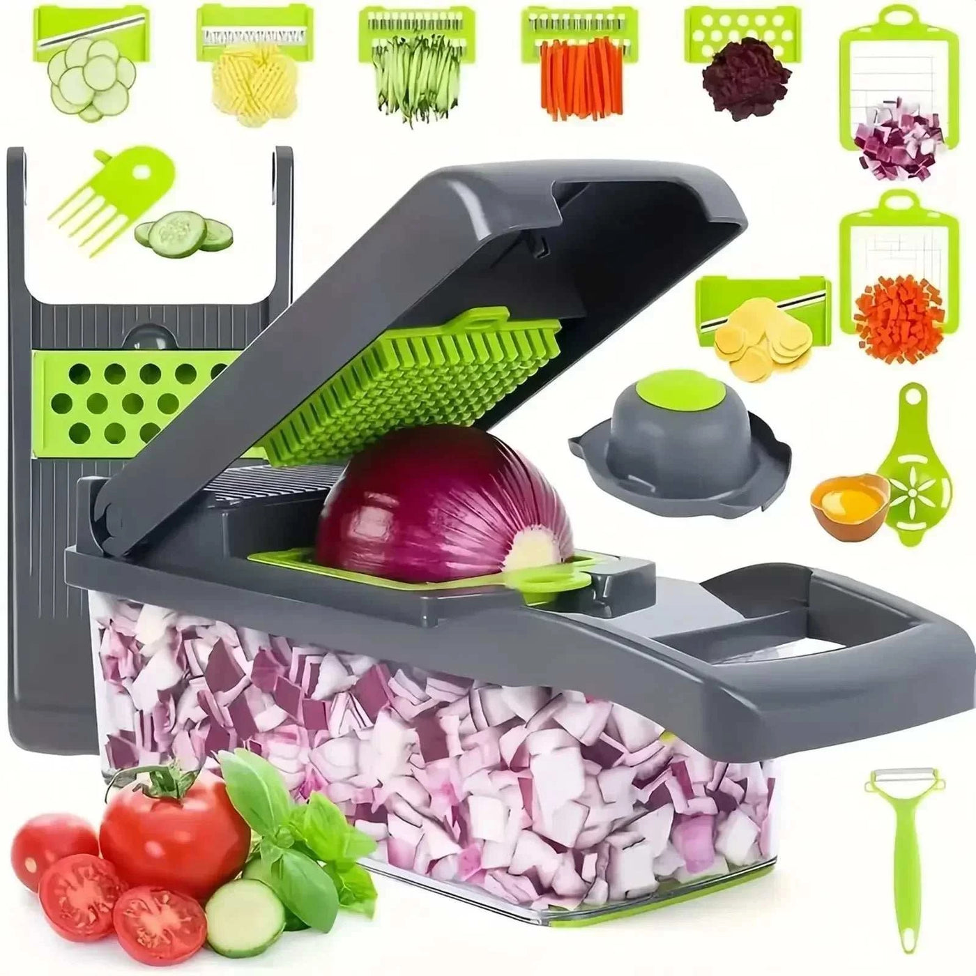 14/16 in 1 multifunctional vegetable chopper with various blades and sliced vegetables on white background