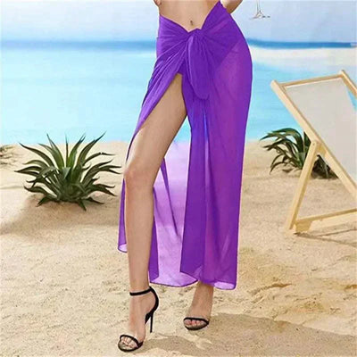 Purple chiffon sexy beach skirt women with high slit on sandy beach wearing black heels