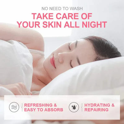 Woman sleeping peacefully promoting Sakura Moisturizing Sleeping Masks hydrating and repairing night cream for all-night skin care