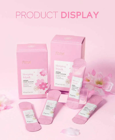Sakura Moisturizing Sleeping Masks travel night cream with cherry blossom packaging and nourishing formula displayed with pink floral background
