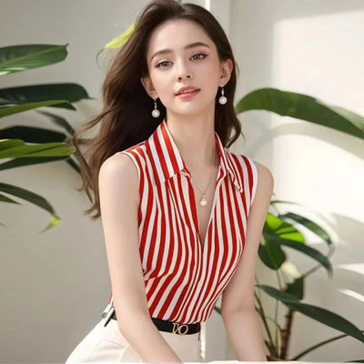British Polo Collar Sleeveless Chiffon Blouse.