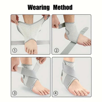 Step-by-step guide wearing ankle brace for sprained ankle with adjustable straps on foot