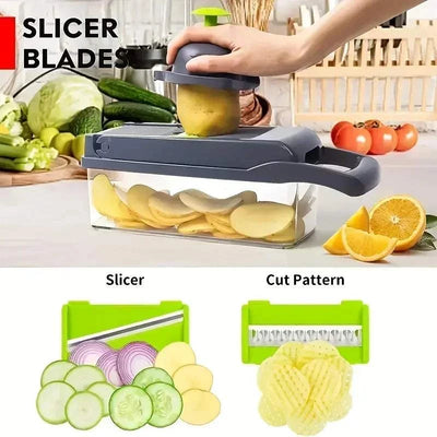 14/16 in 1 multifunctional vegetable chopper with slicer blades and various cut patterns on white background