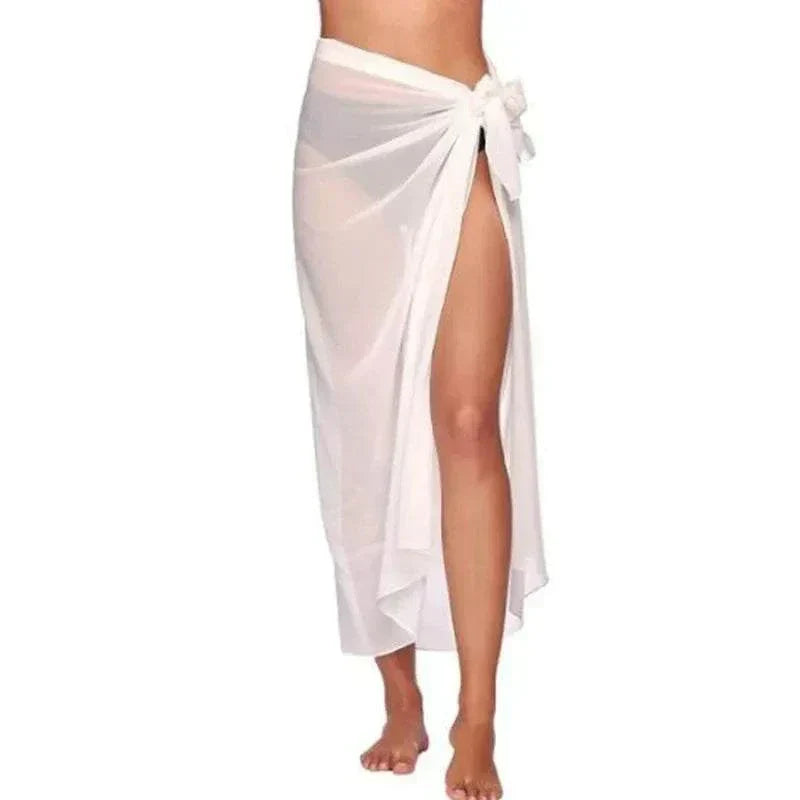 Women’s sheer white chiffon beach skirt with side slit and tie detail, sexy beach wear for women