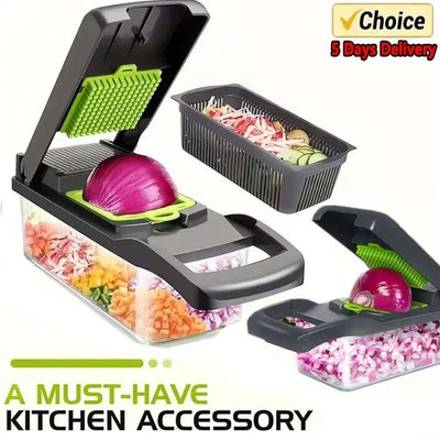 14/16 in 1 multifunctional vegetable chopper with various cutting options and detachable container on white background