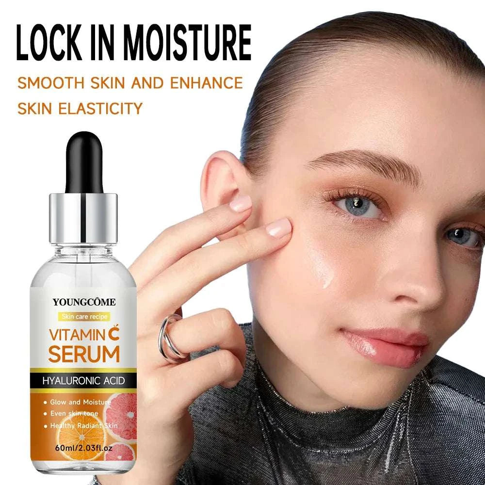 Vitamin C Facial Serum with hyaluronic acid dropper bottle and woman applying serum on cheek for anti-aging and brightening