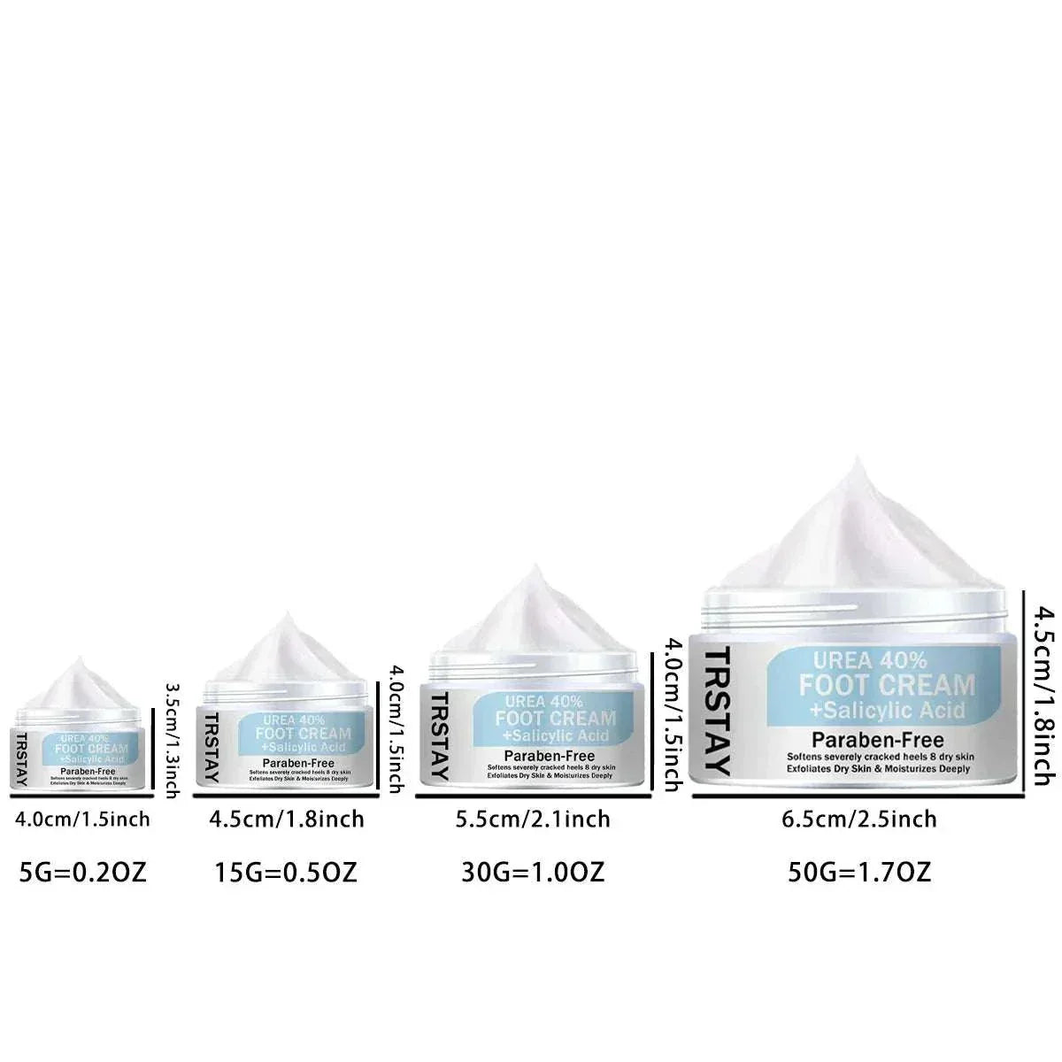 various sizes of foot cream with 40% urea and salicylic acid for rough, thick, cracked, dry skin, parabens-free