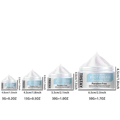 various sizes of foot cream with 40% urea and salicylic acid for rough, thick, cracked, dry skin, parabens-free