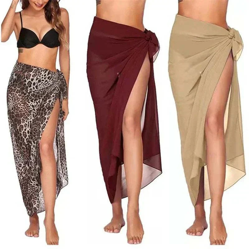 Women wearing sexy chiffon beach skirts in leopard print, burgundy, and beige designs
