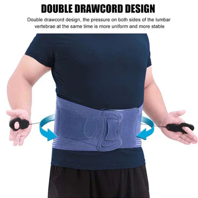 Person wearing adjustable back brace lumbar with double drawcord design for uniform lumbar pressure and stability