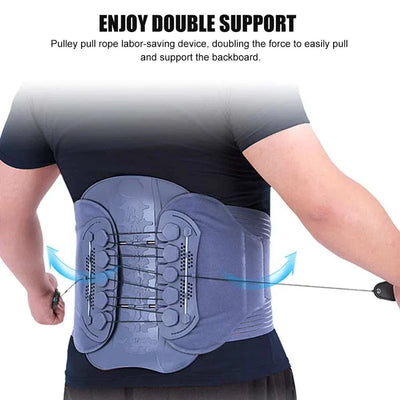 Person wearing adjustable back brace lumbar with pulley pull rope system for double support and easy tension adjustment