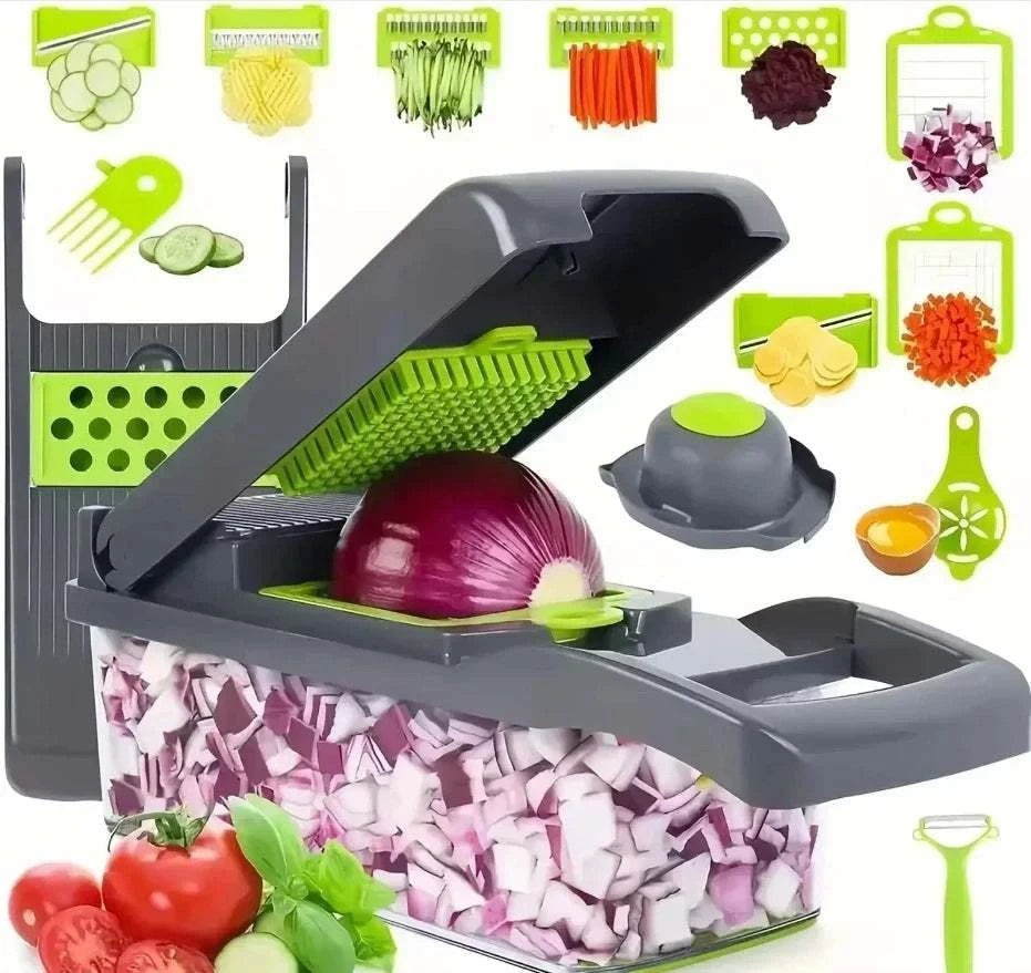 14/16 in 1 multifunctional vegetable chopper with various cutting blades and diced onions in a container on white background