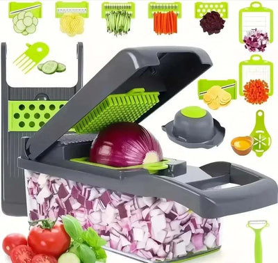 14/16 in 1 multifunctional vegetable chopper with various cutting blades and diced onions in a container on white background