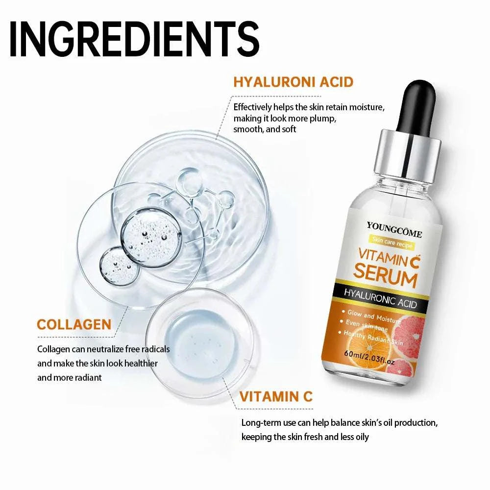 Vitamin C facial serum with hyaluronic acid and collagen for anti-aging, brightening, and moisturizing skin in 60ml bottle with dropper