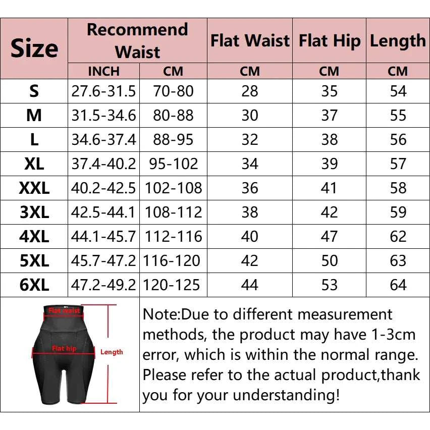 Size chart for hip shapewear panties with waist, hip, and length measurements in cm and inches.