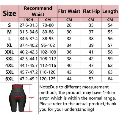 Size chart for hip shapewear panties with waist, hip, and length measurements in cm and inches.