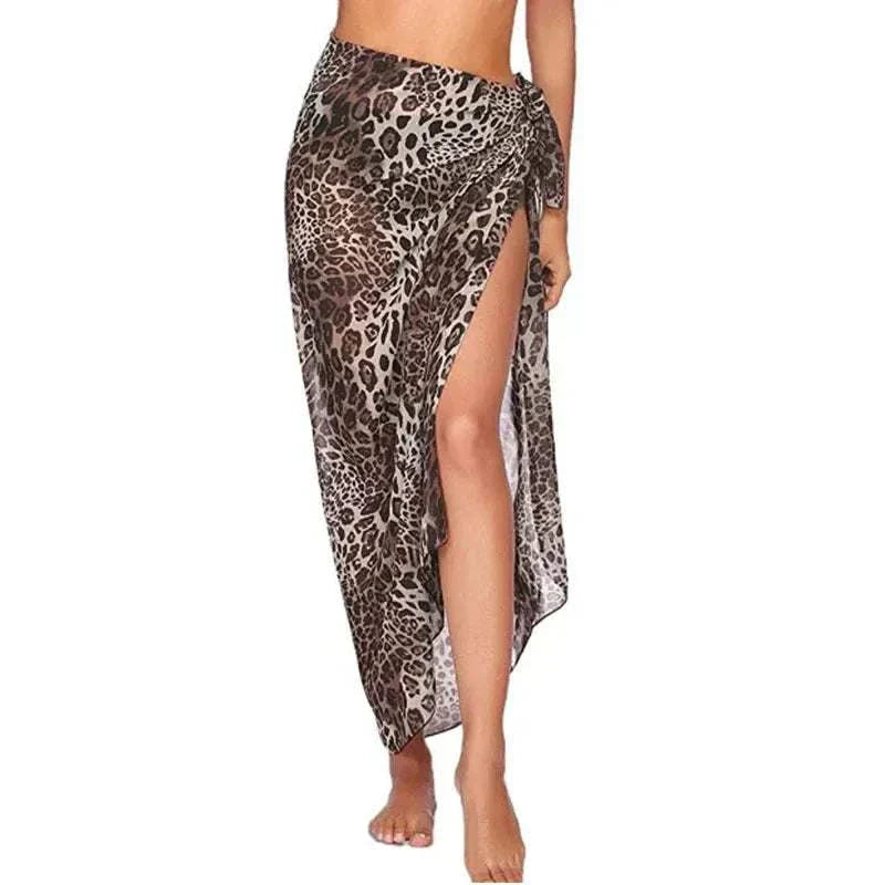 Women’s leopard print chiffon beach skirt with side slit and tie detail