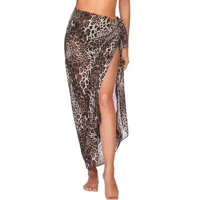 Women’s leopard print chiffon beach skirt with side slit and tie detail