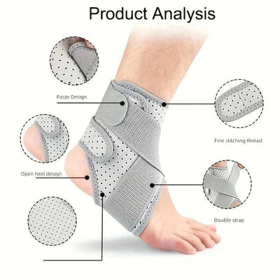 Gray ankle brace with paste design, fine stitching, double strap, and open heel for sprained ankle support