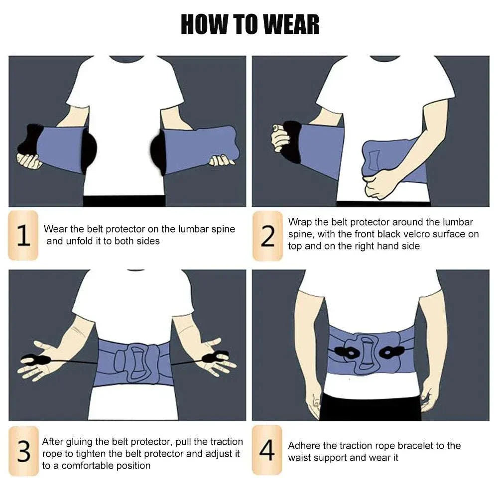 Step-by-step guide showing how to wear an adjustable back brace lumbar for proper support and comfort