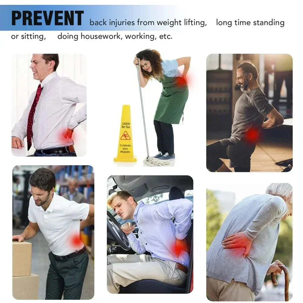 Adjustable back brace lumbar preventing back pain from lifting, standing, sitting, and working activities