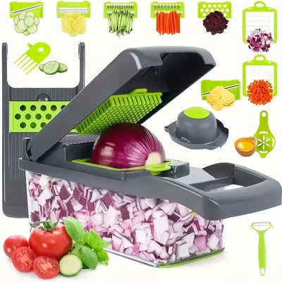 14/16 in 1 multifunctional vegetable chopper with various slicing options and accessories on white background