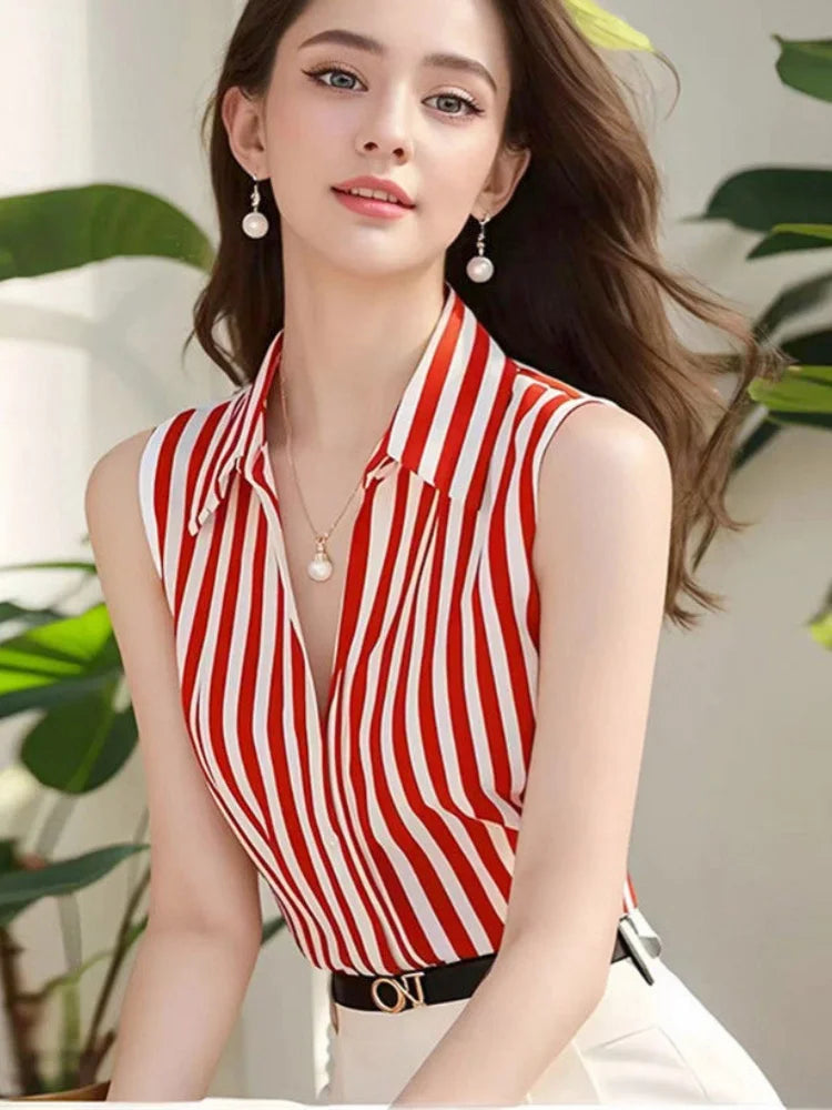 British Polo Collar Sleeveless Chiffon Blouse.