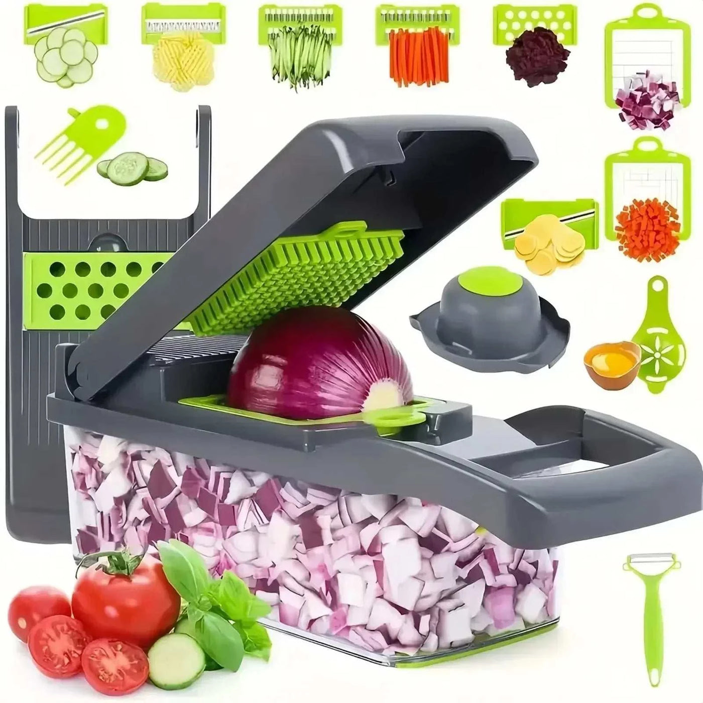 14/16 in 1 multifunctional vegetable chopper with various cutting blades and sliced vegetables on white background