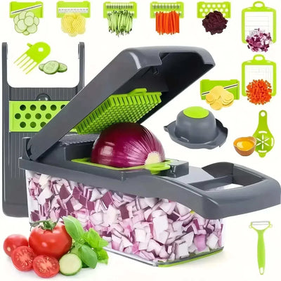 14/16 in 1 multifunctional vegetable chopper with various cutting blades and sliced vegetables on white background