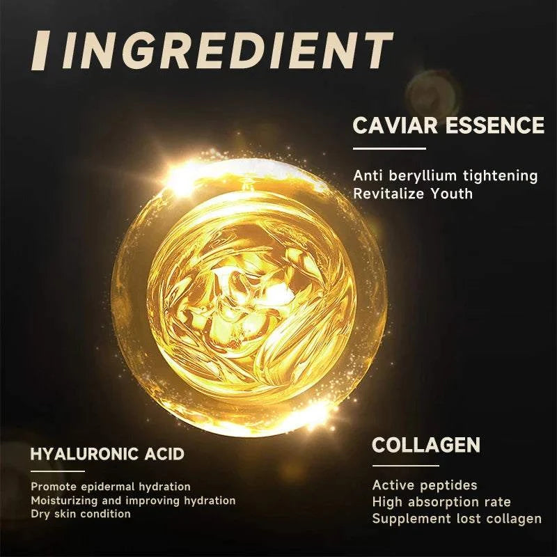 Caviar Wrinkle Remover face cream ingredients highlighting caviar essence, hyaluronic acid, and collagen for anti-aging and moisturizing benefits