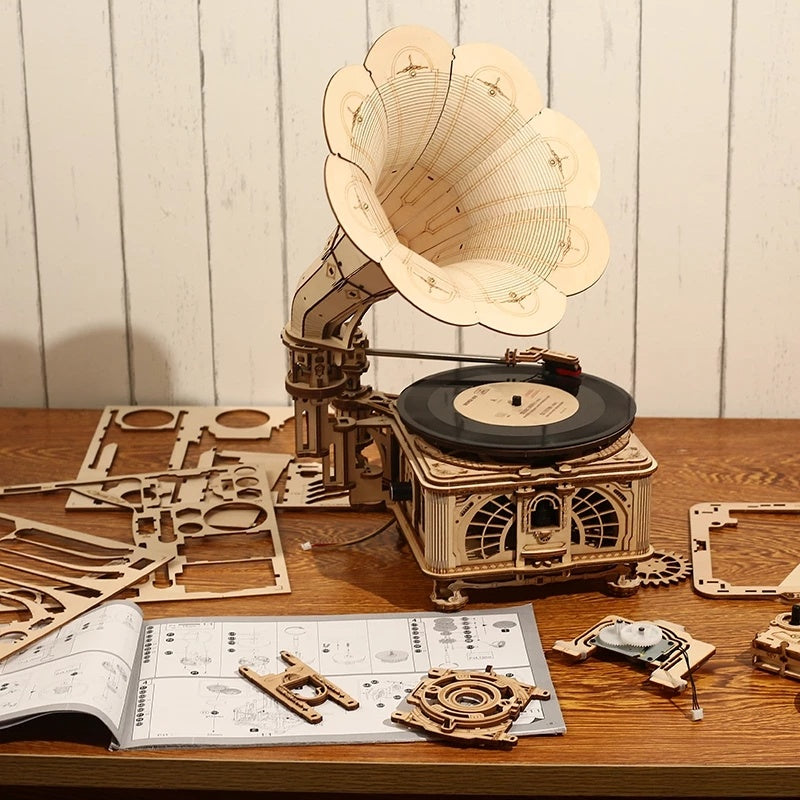 Hand Crank Wooden Puzzle Classic Gramophone.