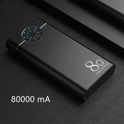 Black fast charging mobile power supply with 80000mA capacity and digital display